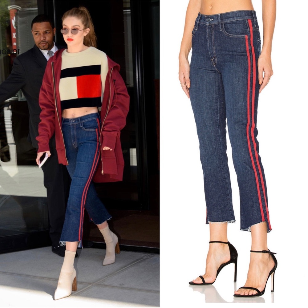MOTHER Dark Blue Ankle Crop Jeans with Red Side Stripes